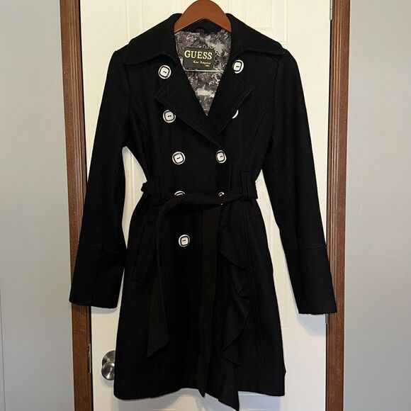 Guess Retro Black Double Breasted Wool Trench Coat-RARE
Size Medium - Picture 7 of 17